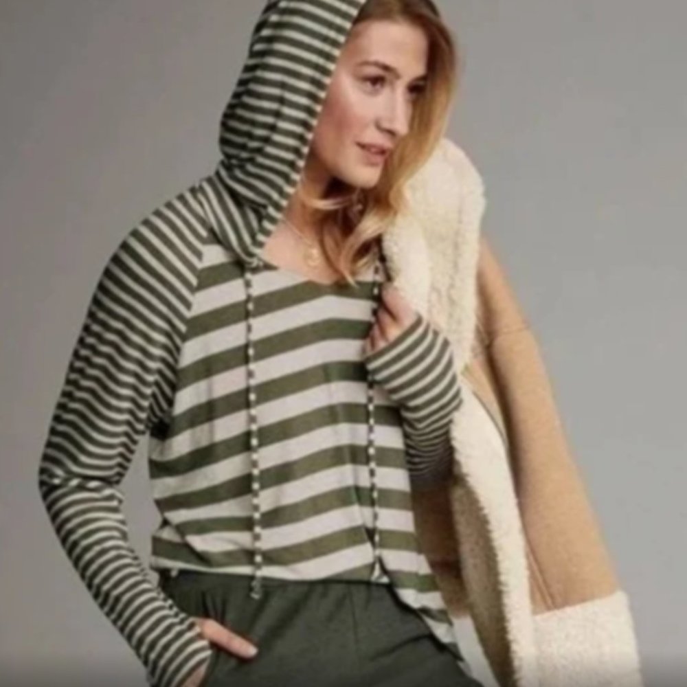 CABI Sz S Playoff Hoodie 3995 Striped Long Sleeve Pullover Top Green Beige Thumb